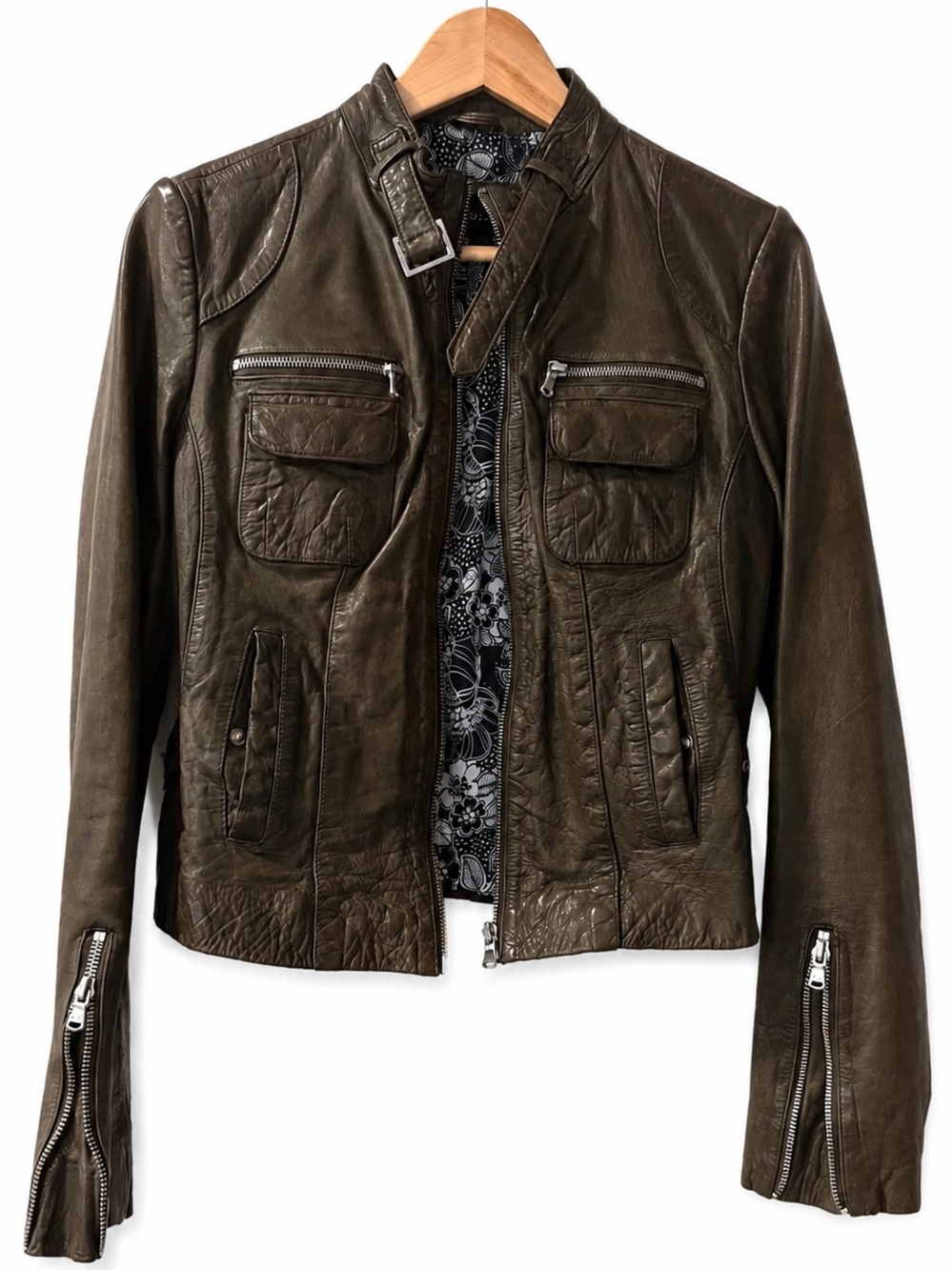 Genuine Leather Moto Jacket – Brown/Olive – Women’s Size M